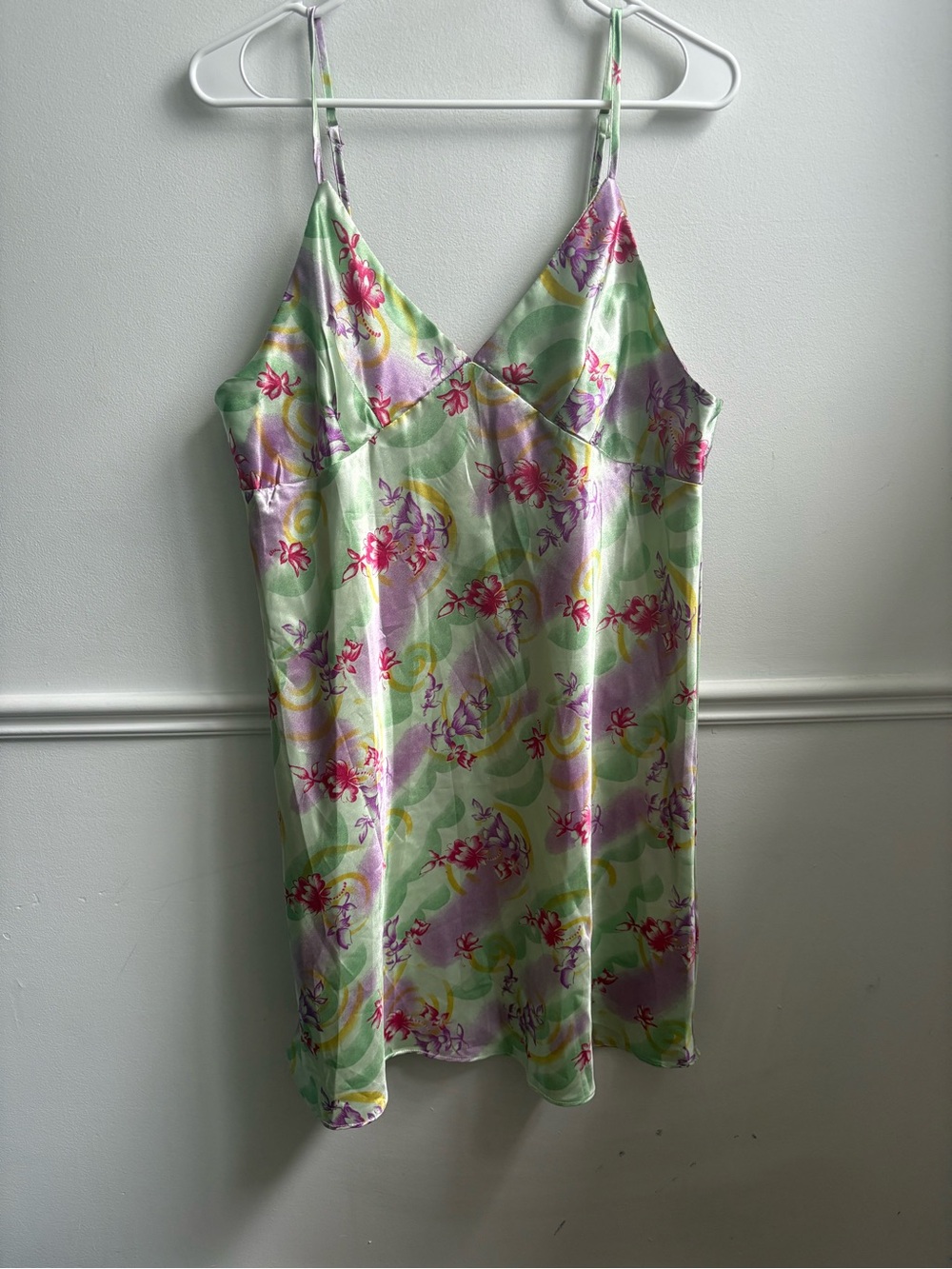 Floral Satin Slip Chemise in Light Green & Pink